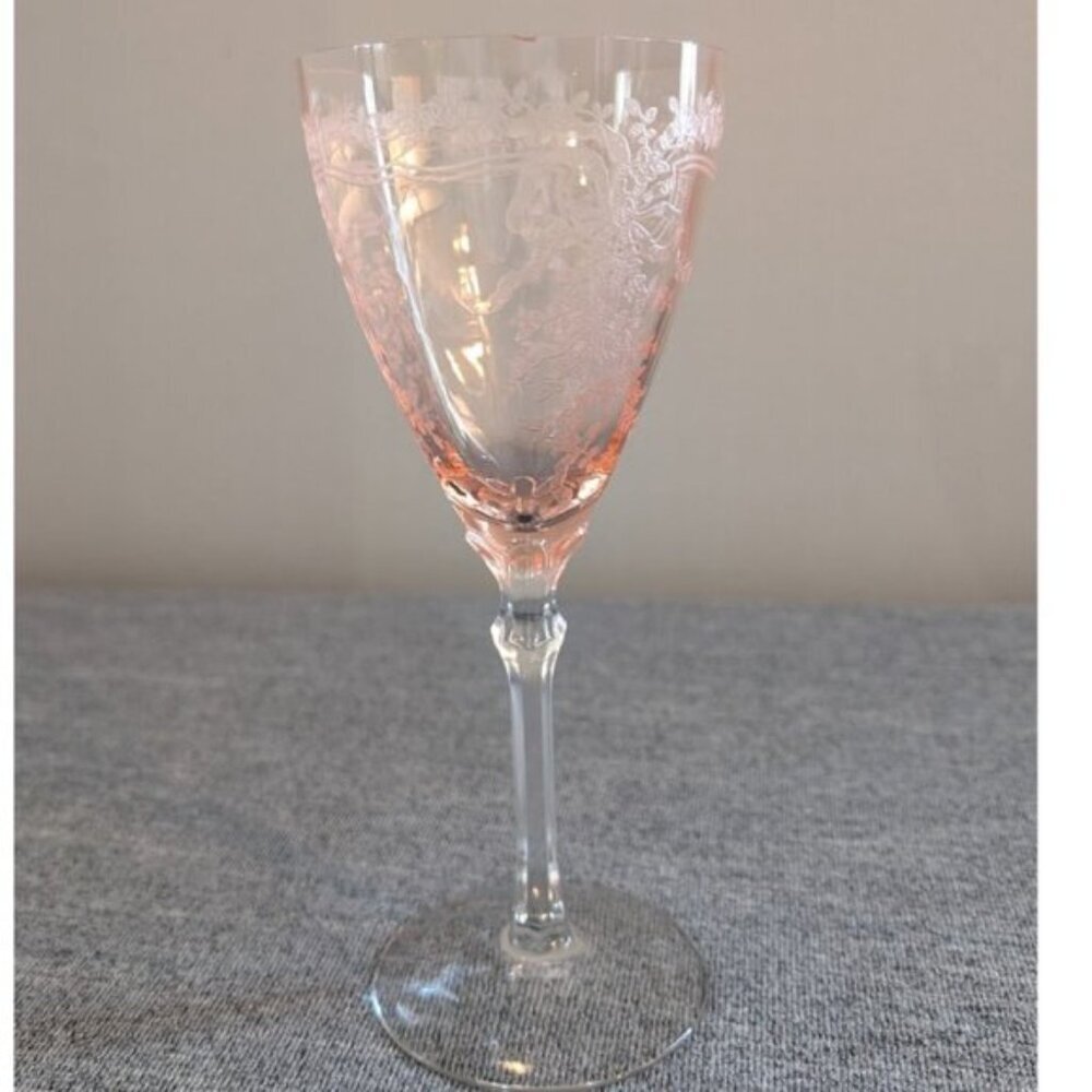 Fostoria "June" Pink Water Goblet, VG with Small Chip on Rim, UV-Reactive